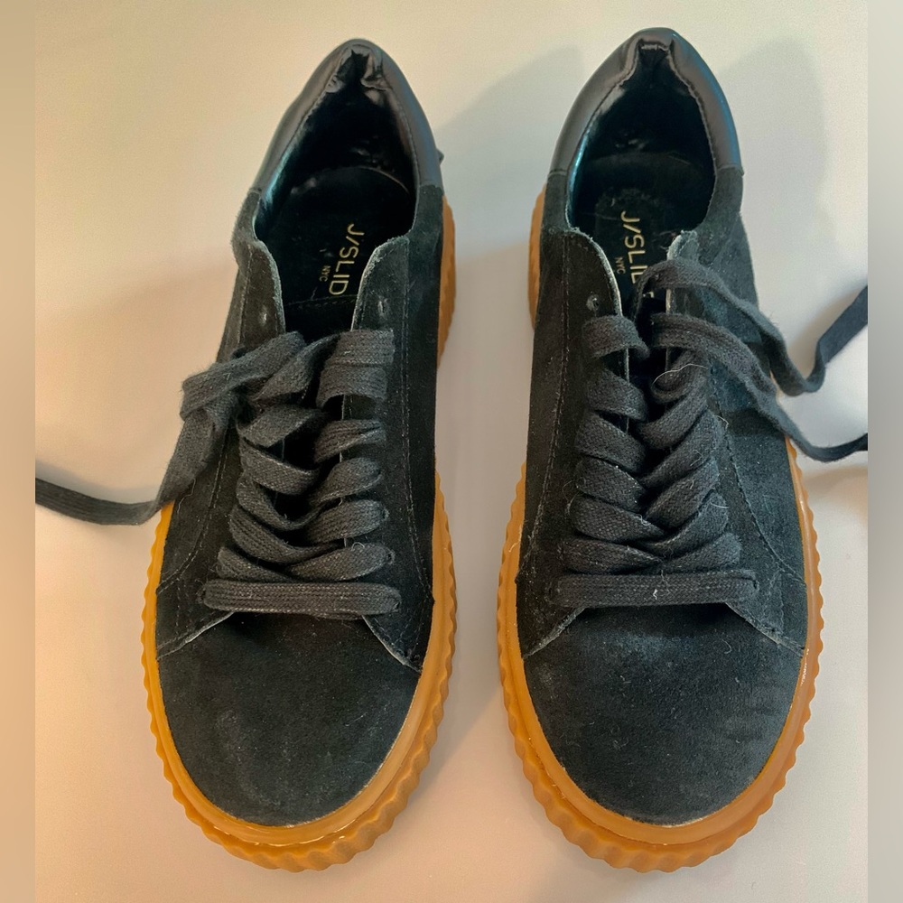 J/SLIDES NYC Black Suede Casual Creepers SNEAKERS. Textured brown Platform- EUC